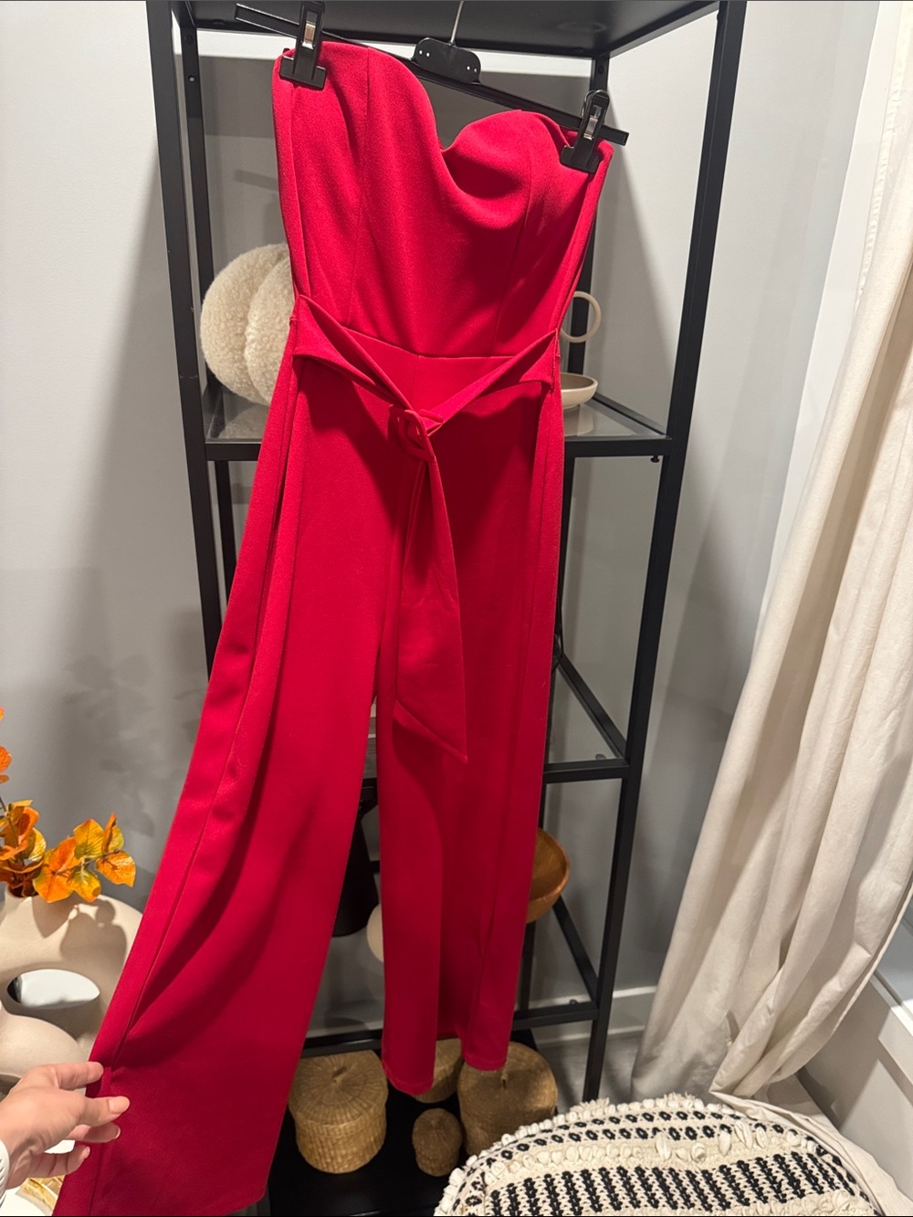 203.Strapless Red Jumpsuit with Waist Tie